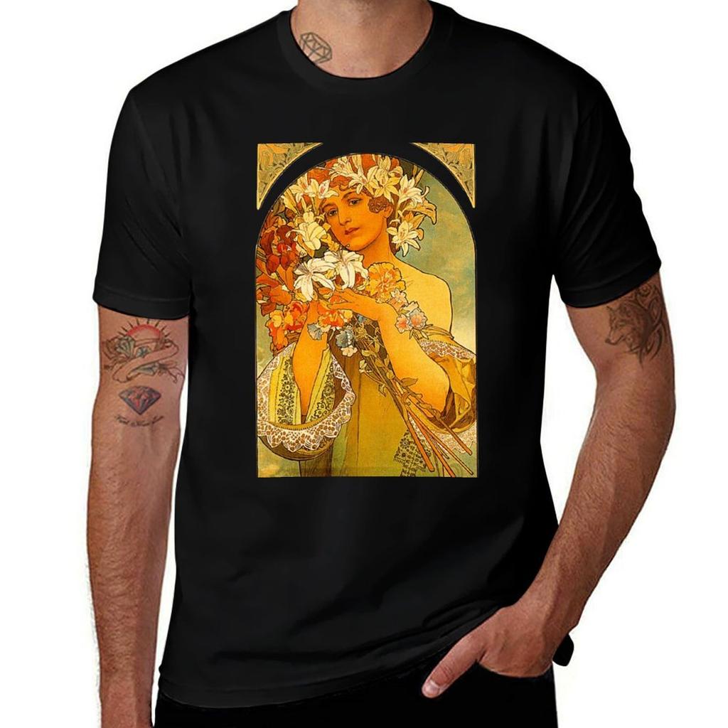 Flower by Alphonse Mucha TShirt Classic Print Short Sleeve Shirt