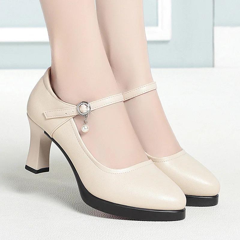 7cm Comfortable Shallow Soft Leather Shoes Women Pumps 2025 Thick Bottom Block High Heels Platform Shoes for Office Mom Dance