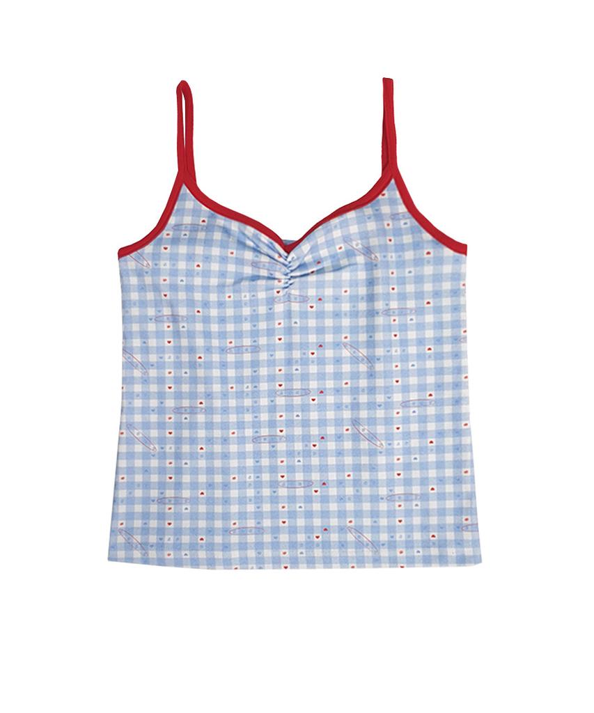 ESCAPEFROM Love Check Pattern Full Print Shirring Point Color Block Sleeveless Red