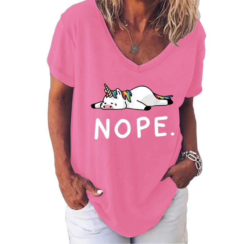 Fashion Spring Nope Print Blouses Short Sleeved V-Neck T Shirts Casual