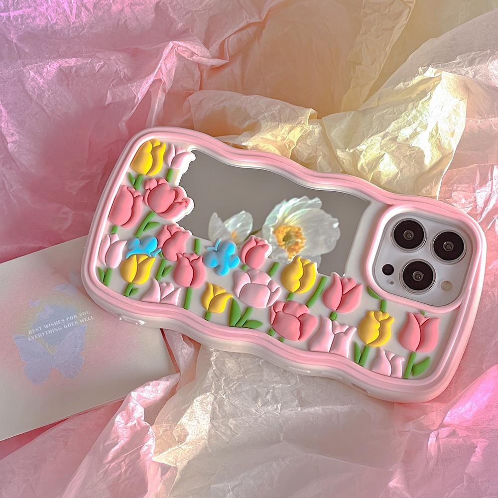 Cartoon Wave Edge Tulip Mirror Phone Case Compatible for iPhone 14 13 12 Pro Max 11 7 8 Plus X XS XR X Max Stereoscopic Silicone Protective Cover