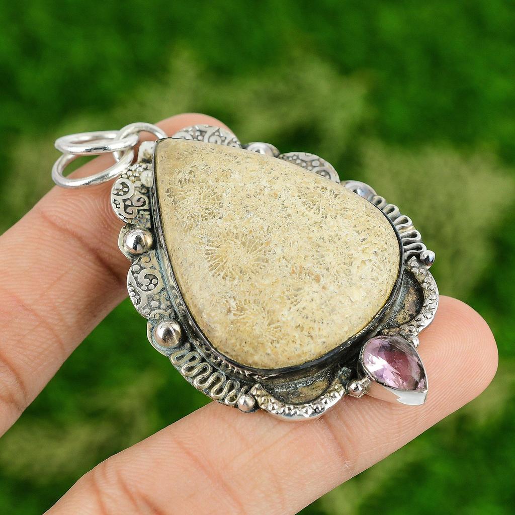 925 Sterling Silver Fossil Coral Stone Pink Topaz Mother Bezel Pendant Jewelry