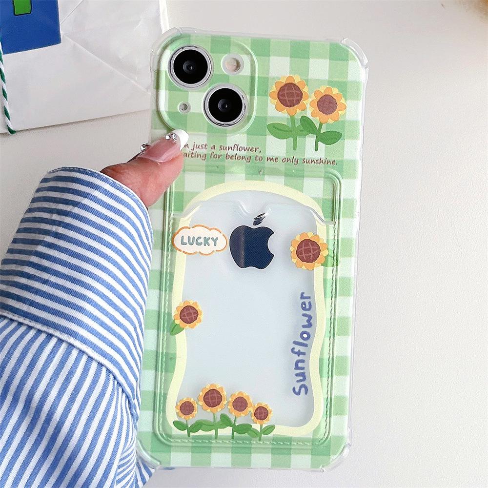Sunflower Green Grid iPhone Case with Card Slot, Compatible with 14, 15, 16 Pro Max, 12 Pro, 11, 13 Models