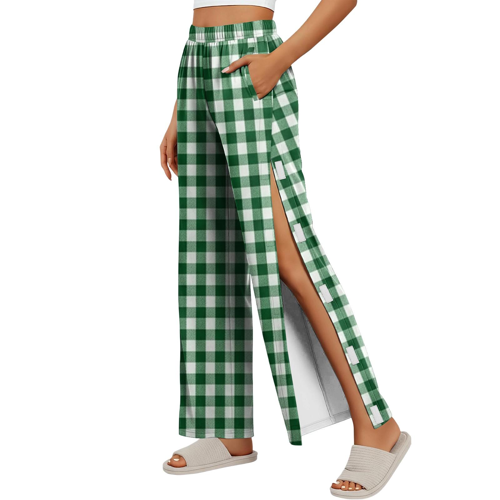 

Women Plaid Side Velcro Closure Easy Open Post Surgery Recovery Care Long Pants Adjustable Fit Soft Fabric XL