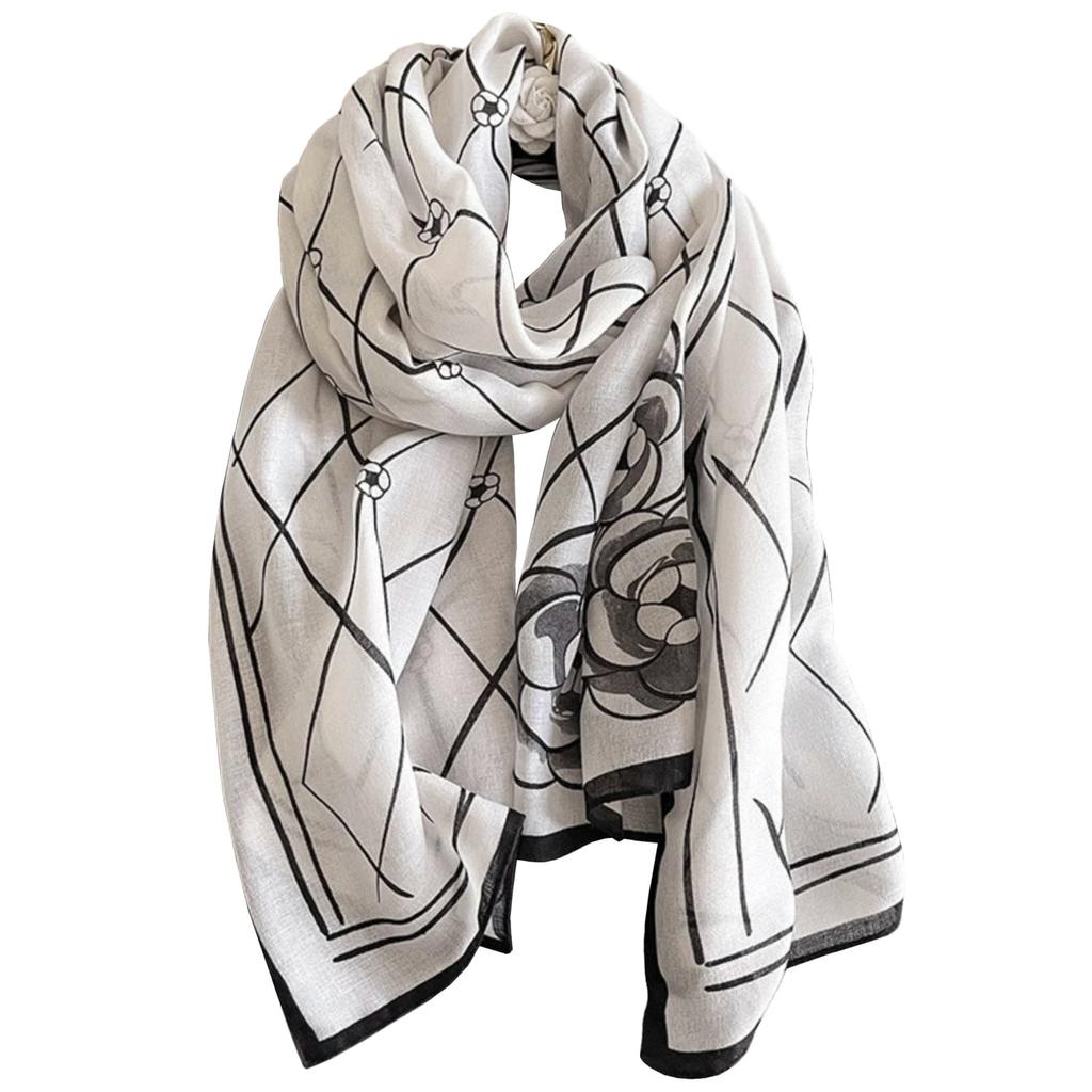 Light Scarf with Black Geometric Pattern - 180X90 , 100% Viscose