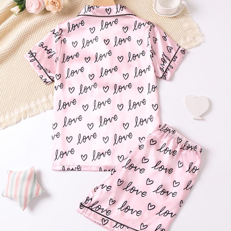 Children's Satin Print Pajama Set - Summer Short Sleeve & Shorts for Girls
