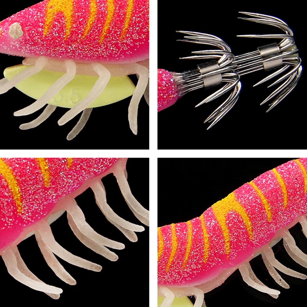 Luminous Soft-Footed Shrimp Sea Fishing Lure with Double-Layered Hooks Squid Bait Imitation Wood Shrimp Squid Hook for Fishing