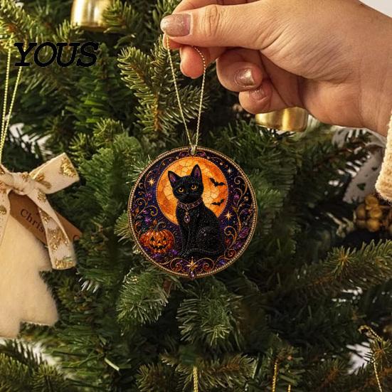 Symbolic Love Keepsake Black Cat Pearl Diamond Art Painting Ornament, 2D Flat Acrylic Cute Piece Hanging Suncatcher, Beaded Pattern Window Wall