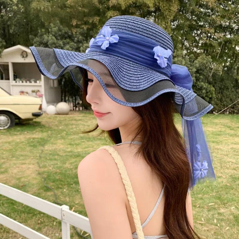 Wide-brimmed Straw Hat Breathable Beach Hat Sweet Sun Hat  for Summer Sun Protection