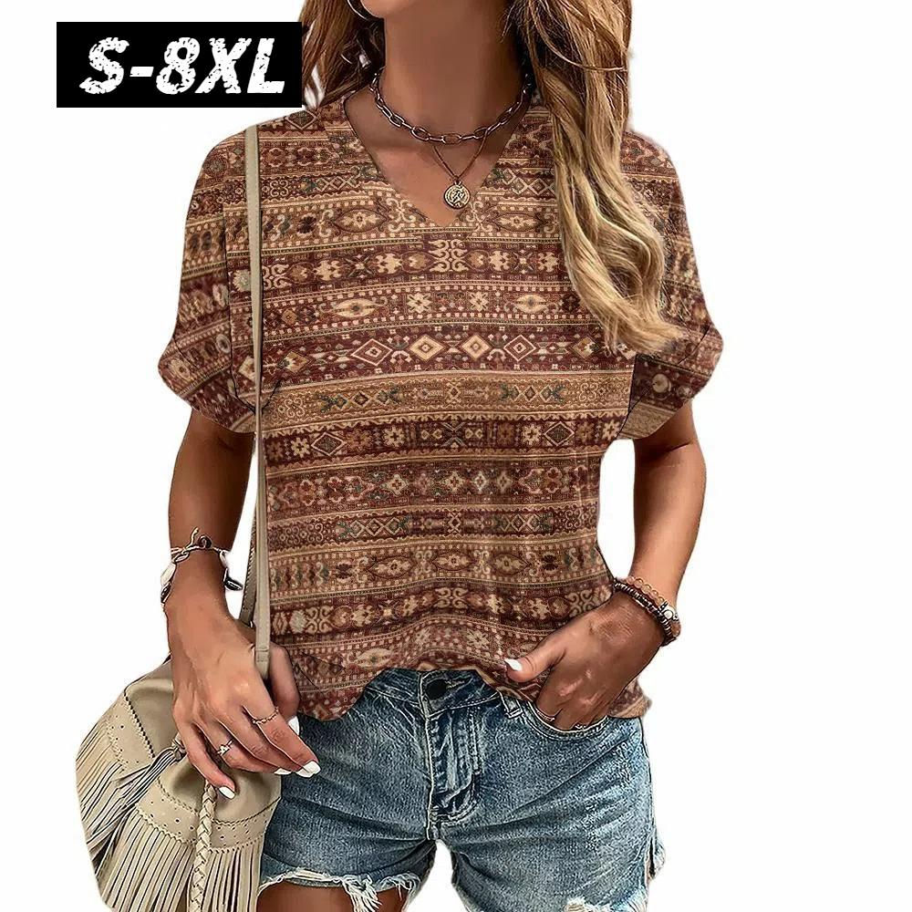 S-8XL Plus Size T-shirt for Women's Summer Short Sleeve Casual Tops Street Fashion V Neck T-Shirt Female Clothing Pullover