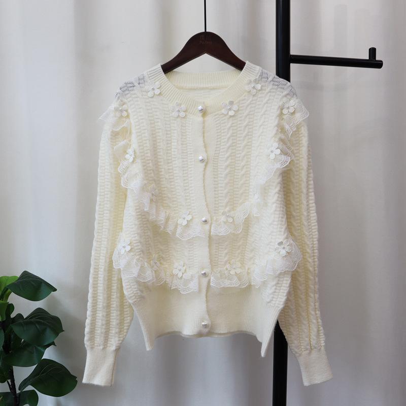 Autumn and Winter New Sweet Bead Flower Splicing Mesh Knitted Cardigan Loose Gentle Wind Sweater Jacket Women