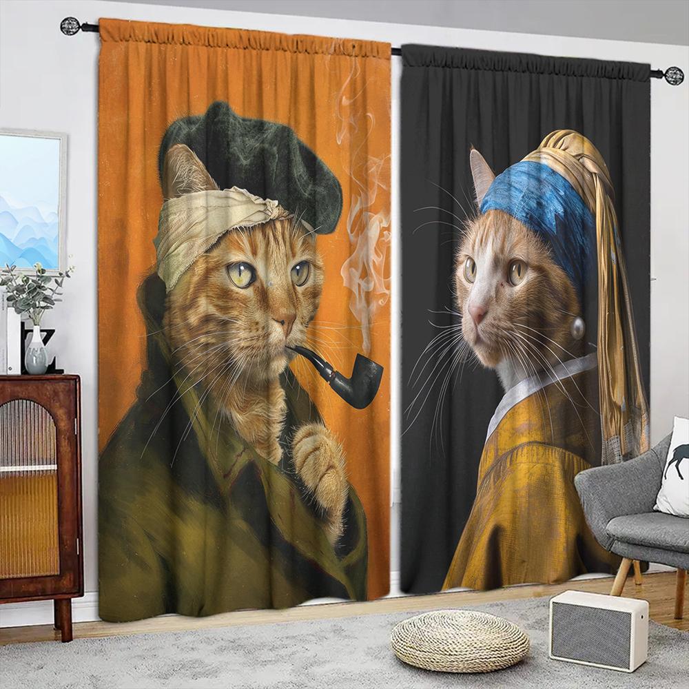 

Set Of 2 Cat Painter Printed Curtain Home Decor Window Treatment Bedroom Office Kitchen Living Room For Great Made Polyester With Rod Pocket W100*H70(CM)-Rod Pocket&1PCS