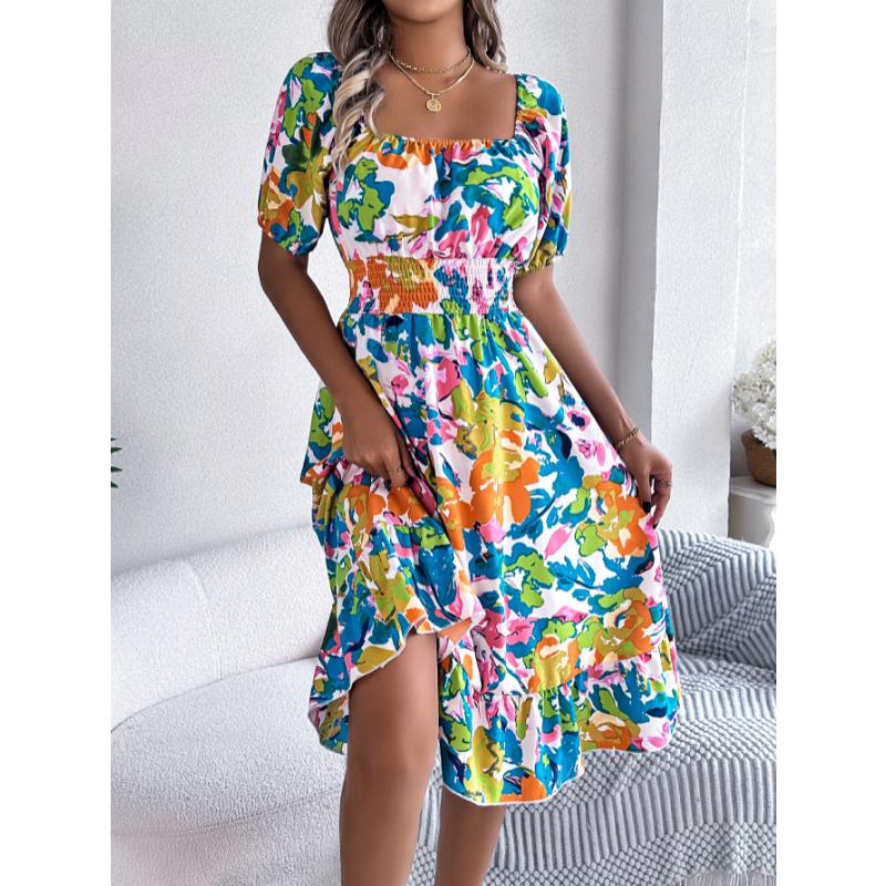 New Women's Floral Print Square Neck Dress, Short Sleeve A-Line Midi Dress with Ruffle Hem & Tie Waist for Spring Summer Casual Party & Daily Wear