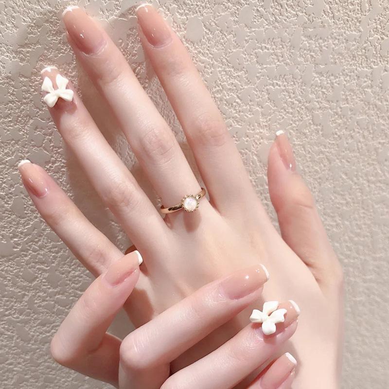 

2025 Nude French Bow Mid-Length Press-on Nails for Women