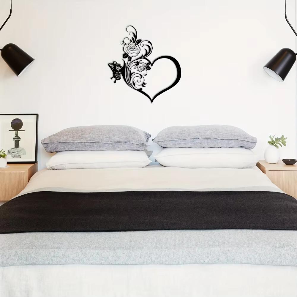 1 Stück Metall Rose Schmetterling Blume Liebesform Wandschild - Schwarz. Kleines Familienliebe-Schild. Hauptwand-Dekor. Wandaufkleber. Kunstwerk.