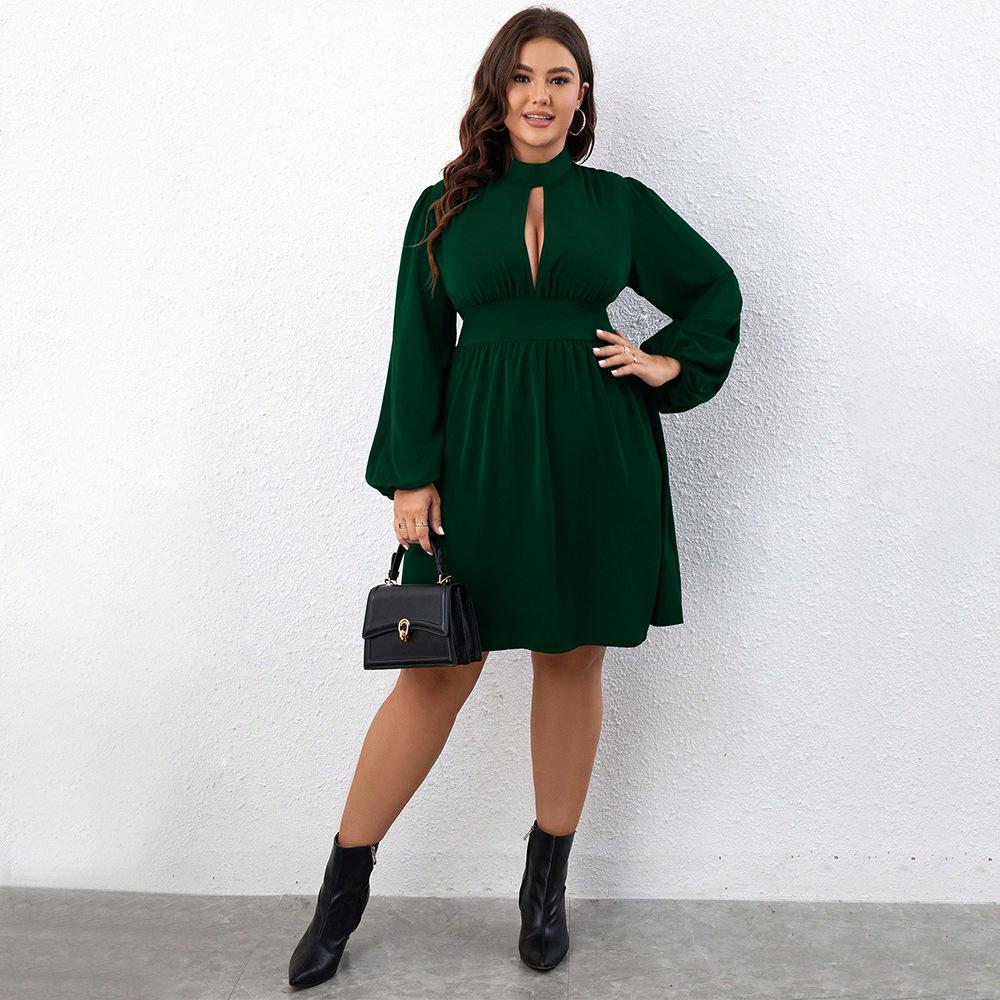 Women's Solid Sexy Dress High Neck Long Lantern Sleeve Front Cutout Short Dress Club Cocktail Party MiDi Dress Breathable A-line High Waist Dress