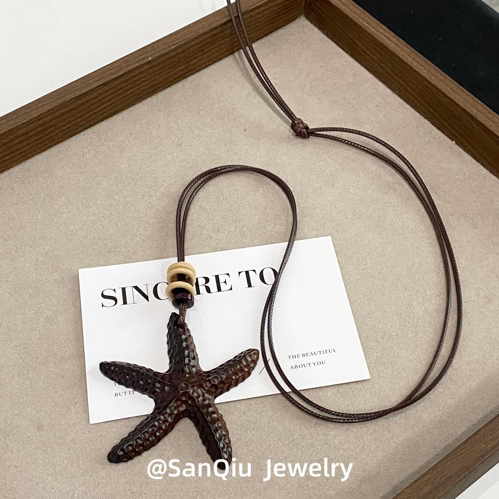 Seaside Wooden Starfish Pendant Necklace - Retro Chinese Style Sweater Chain