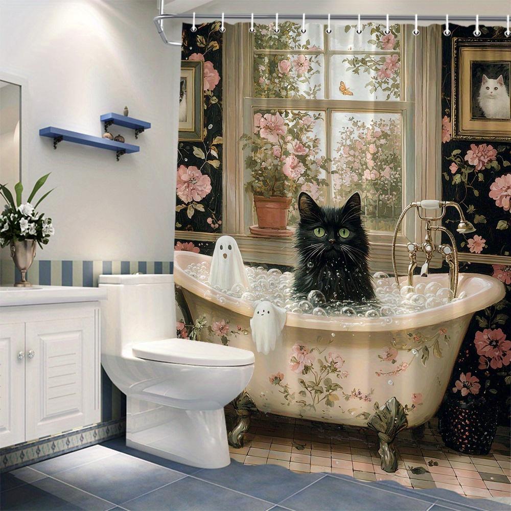 1pc Black Cat in Bathtub Shower Curtain - Ghost Decor, Pink Floral Design, Polyester, 70x70", 12 Hooks, Whimsical Scene