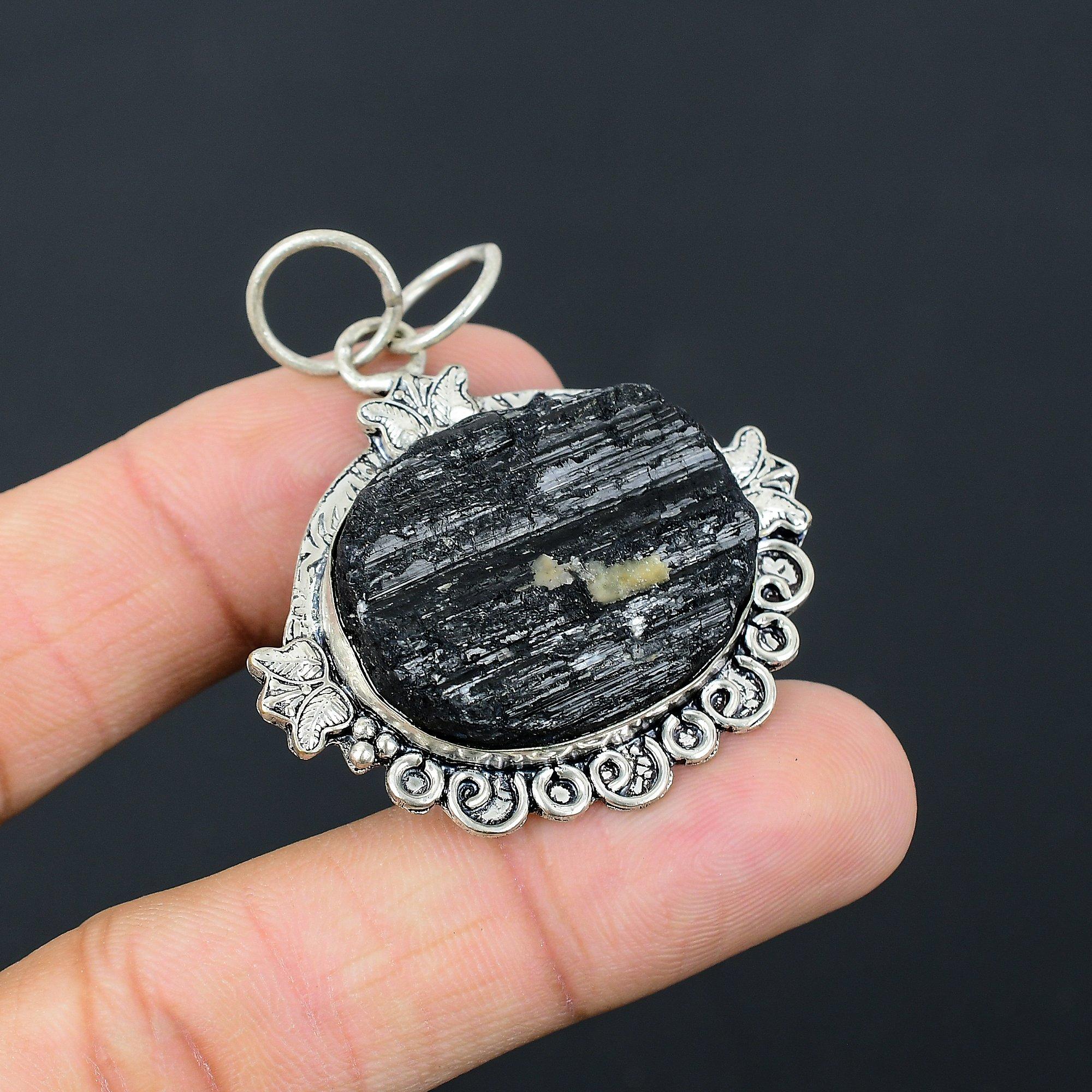 Daughters Day Sale 925 Silver Black Tourmaline Rough Stone Handcrafted Pendant