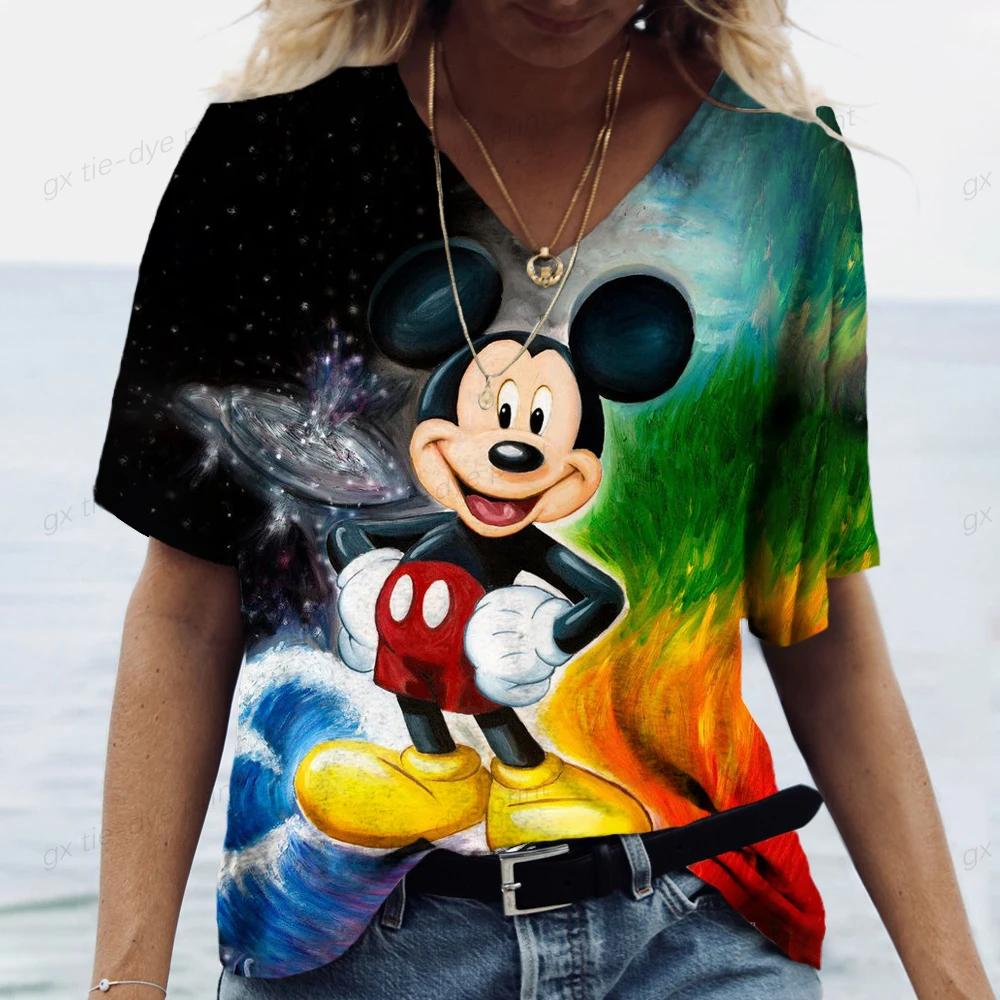 

Мультяшная футболка женская с принтом Микки Мауса Дисней, свободного кроя, для отдыха, летняя, с коротким рукавом, V-образным вырезом, кавайная, женственная S