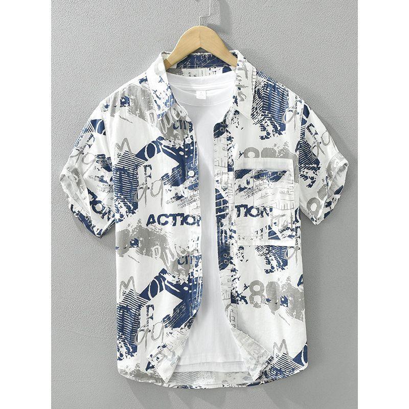 Summer Tokyo Trendy over Print Half Short sleeve Shirts Men's Clothing Hong Kong Style Youth Loose Casual Shirt Pure Cotton New
