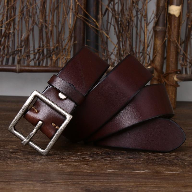 4.3Cm Wide Thickened First-Layer Cowhide Belt Men'S Genuine Leather Pure Copper Pin Buckle Simple Retro Casual Jeans Belt