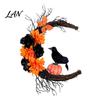Fabric Wall Hanging Decor Halloween Door Sign, Artificial Floral Branch Crow Moon Hanger with Themed Event Decorations Bird, Spooky Window Yard