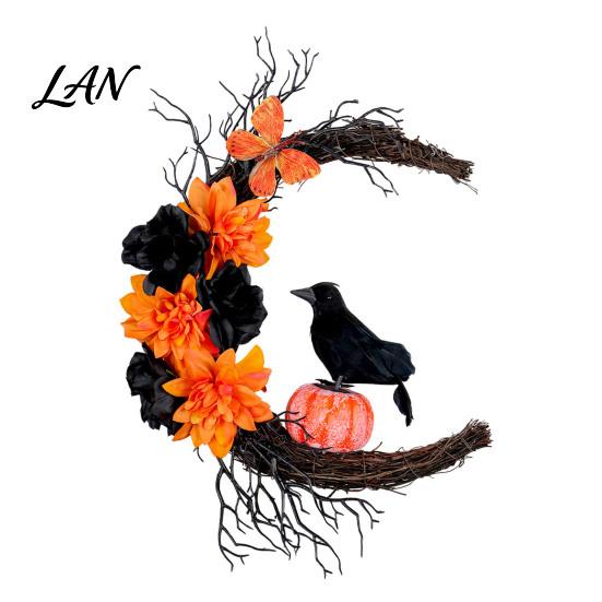Fabric Wall Hanging Decor Halloween Door Sign, Artificial Floral Branch Crow Moon Hanger with Themed Event Decorations Bird, Spooky Window Yard