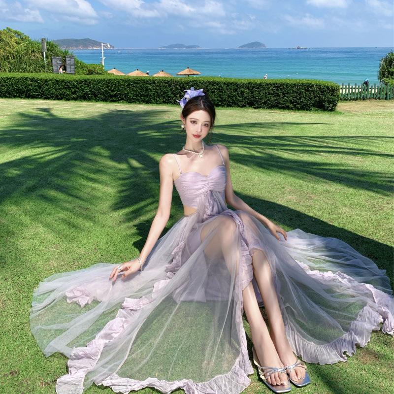 1011 holiday style dress 1011 spring new design tube top long dress purple mesh skirt