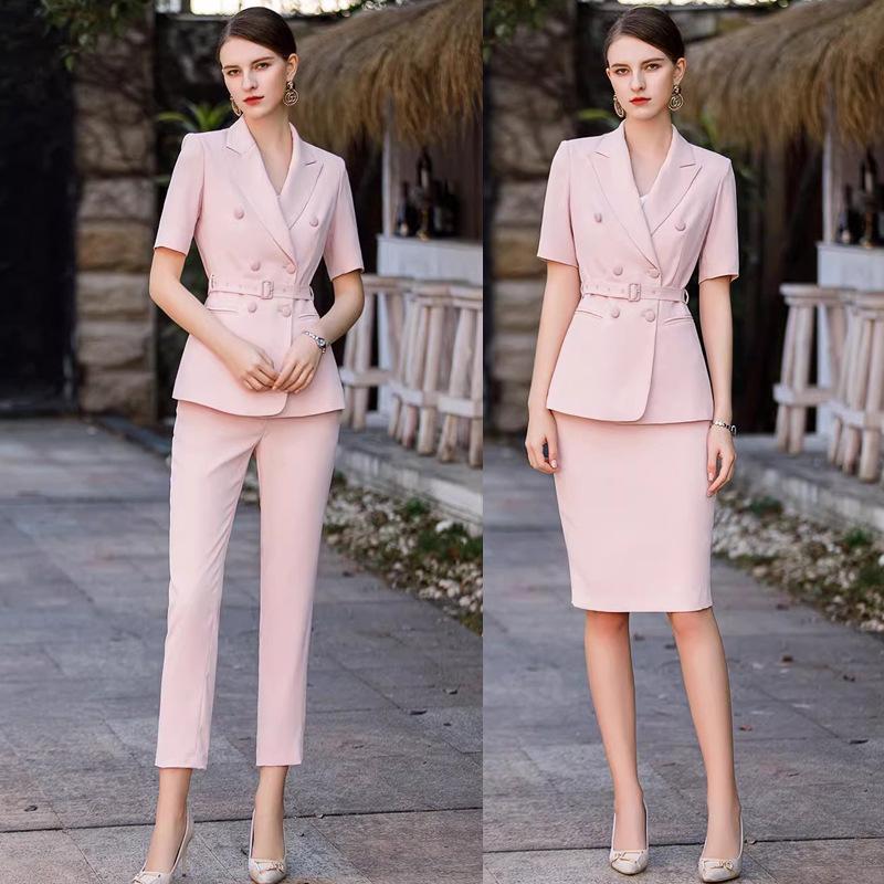 

Women s Summer Pink Short-Sleeve Blazer Set - Professional OL Style Small
