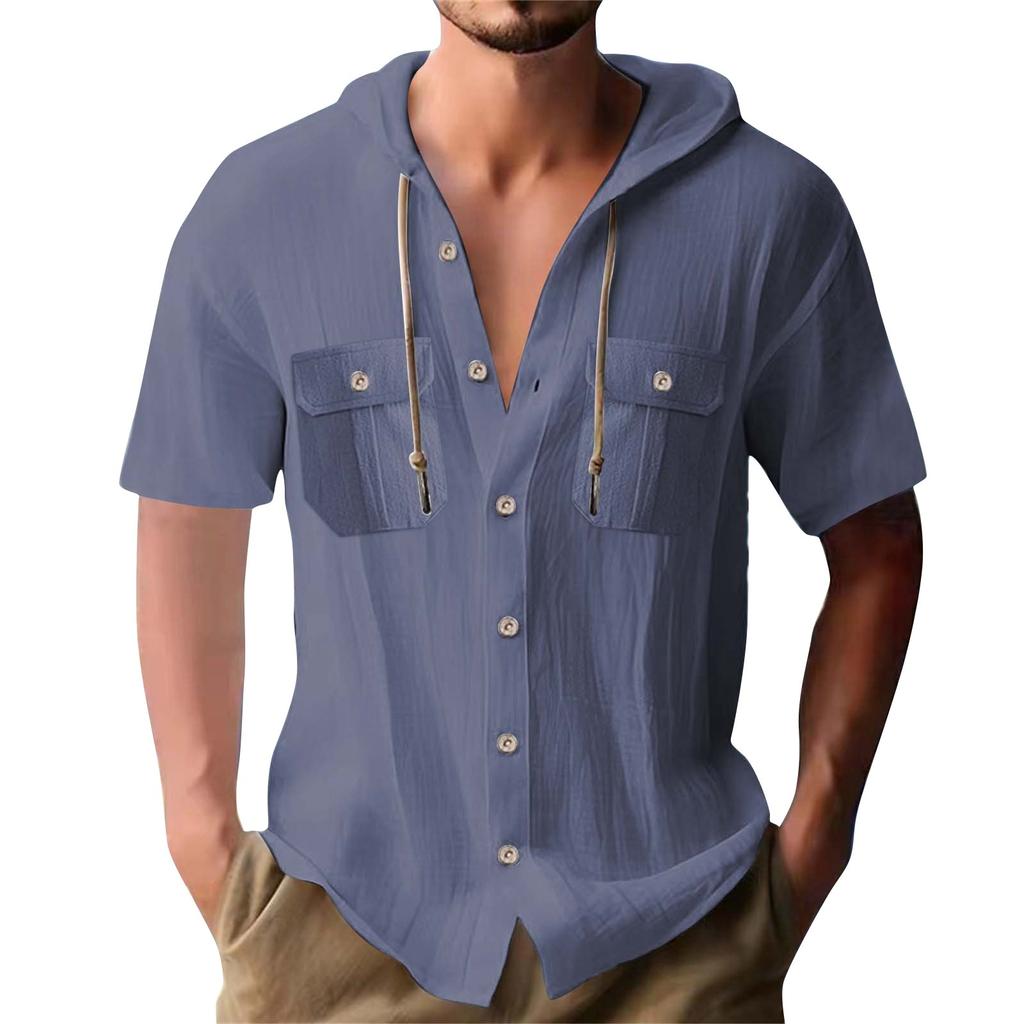 Men's Summer Solid Color Pockets Cotton Linen Short Sleeve Button Hooded