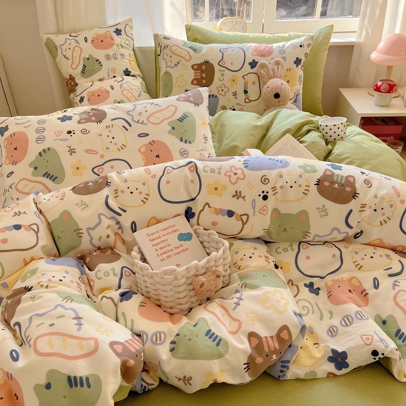 Trendy Double-Sided Cotton Dorm Bedding Set, Fresh Style, 3-Piece or 4-Piece Options