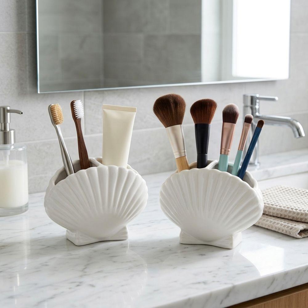 3D Seashell Shell Toothbrush Holder Aesthetic Coastal Style Toothpaste Toothbrush Stand Beach Theme Plastic Desktop Storage Box