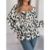 Women's Autumn and Winter Casual Wooden Ear Edge Square Collar Leopard Print Long Sleeve Top