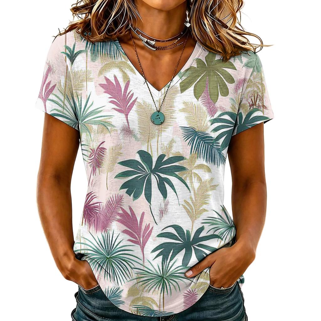 Women's Casual V Neck Short Sleeve Hawaiian Print Top T Shirt Lightweight Summer Blouse Relaxed Fit Soft Fabric