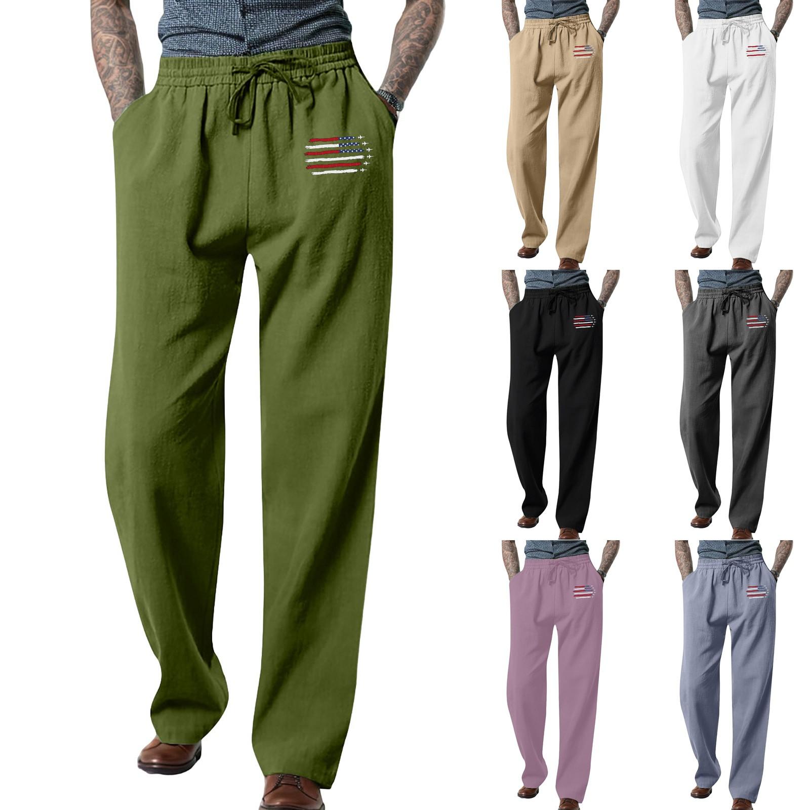 

Мужские свободные повседневные однотонные хлопковые льняные брюки с эластичным галстуком и принтом, прямые брюки L чёрный