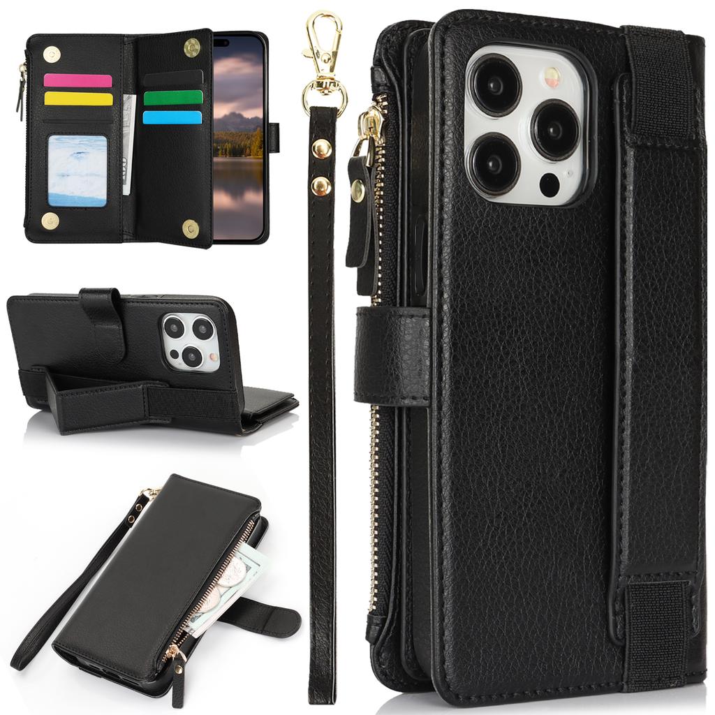 XL-001 For iPhone 15 Pro Case Zipper Pocket Wristband Stand Leather Phone Cover