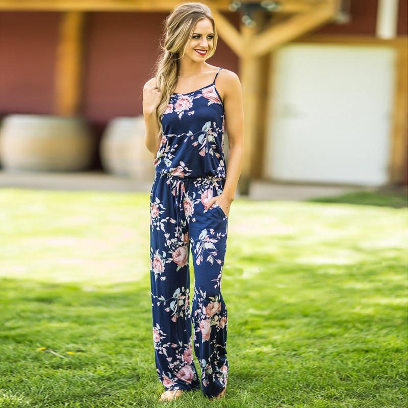 Floral Women Summer Long Wide Leg Pants Strappy Casual Beach Jumpsuit Us Romper