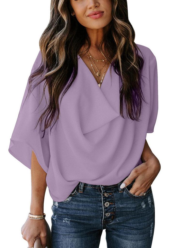 European & American V-neck Loose Chiffon Shirt - Women's Casual Top