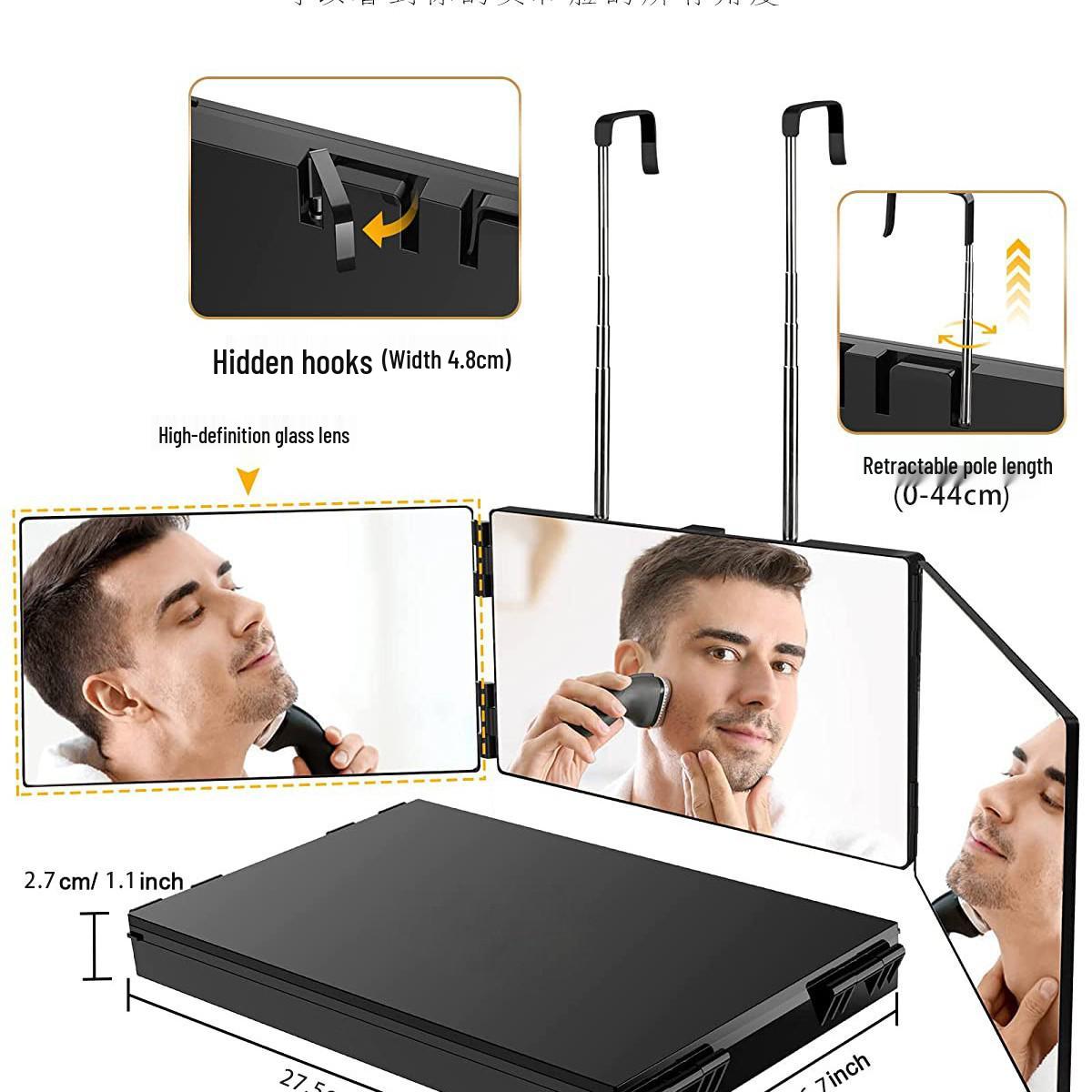 Светодиодное трехстороннее выдвижное складное парикмахерское зеркало в европейском и американском стиле Large Size without Light чёрный