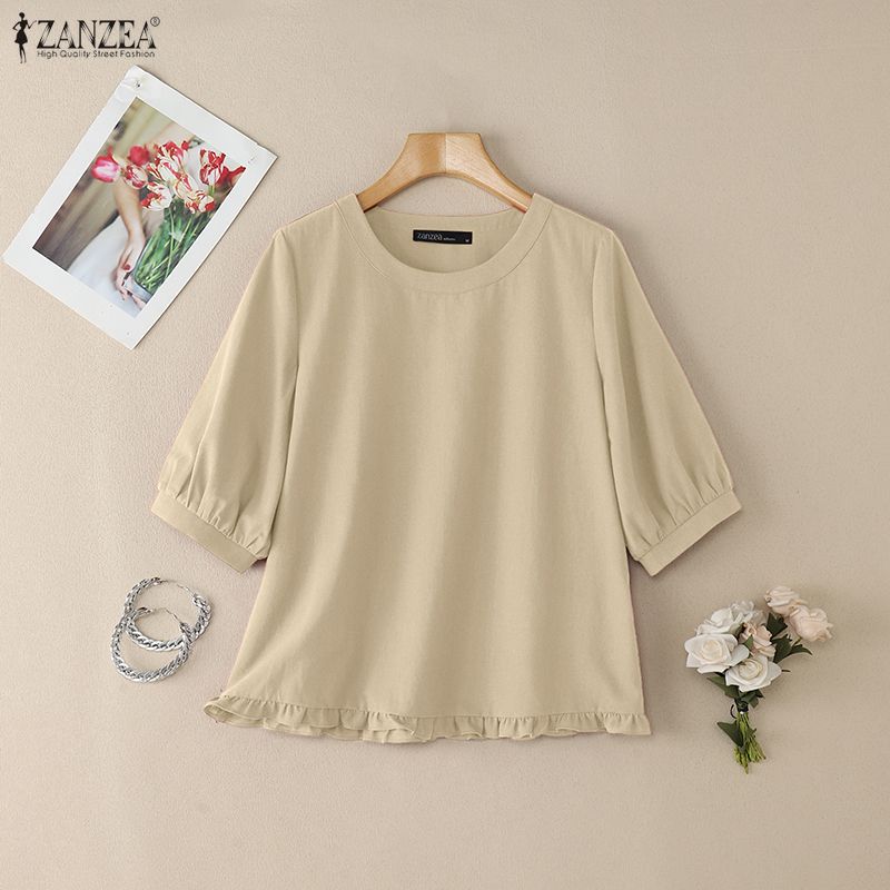 ZANZEA Damen Lässige Rundhals Einfarbig Locker Halbarm Bluse