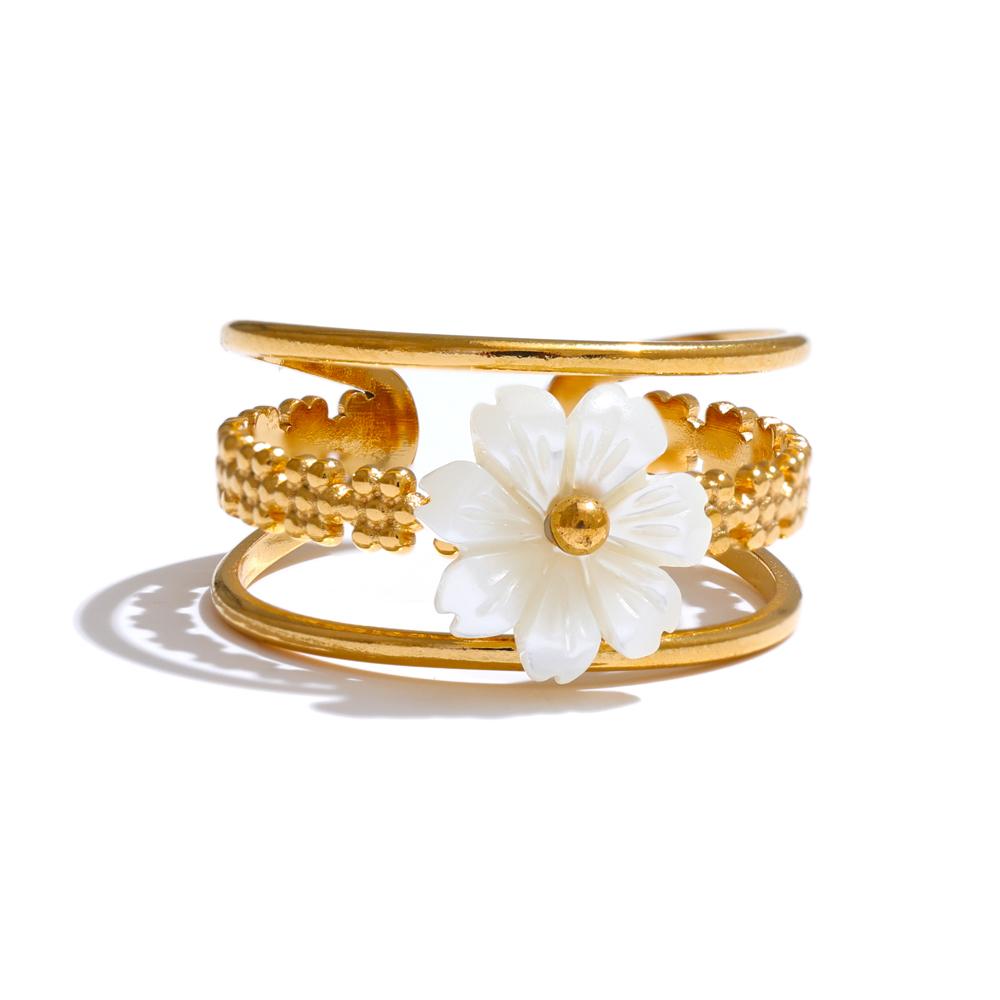

Yhpup Stainless Steel Natural Shell Flower Metal Hollow Open Ring 18K Gold Color Plated Popular Sweet Jewelry