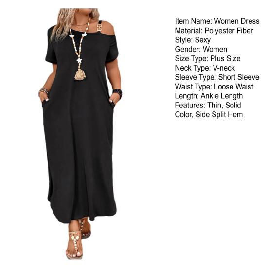 Women Dress Short Sleeve One Off Shoulder Loose Fit Sexy Dress Pure Color Loose Fit Side Slit Hem Maxi Dress with Pockets Belt