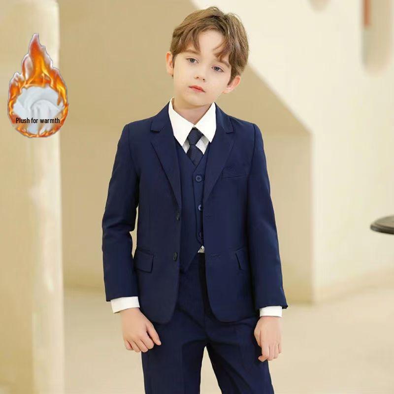 Boy's Formal Ensemble: Fleece White Shirt, Black Suit Pants, Vest, Page Boy Overalls, Performance Costume