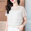 ZANZEA Women Casual Sheer Mesh Splice Round Neck Short Sleeve Blouse