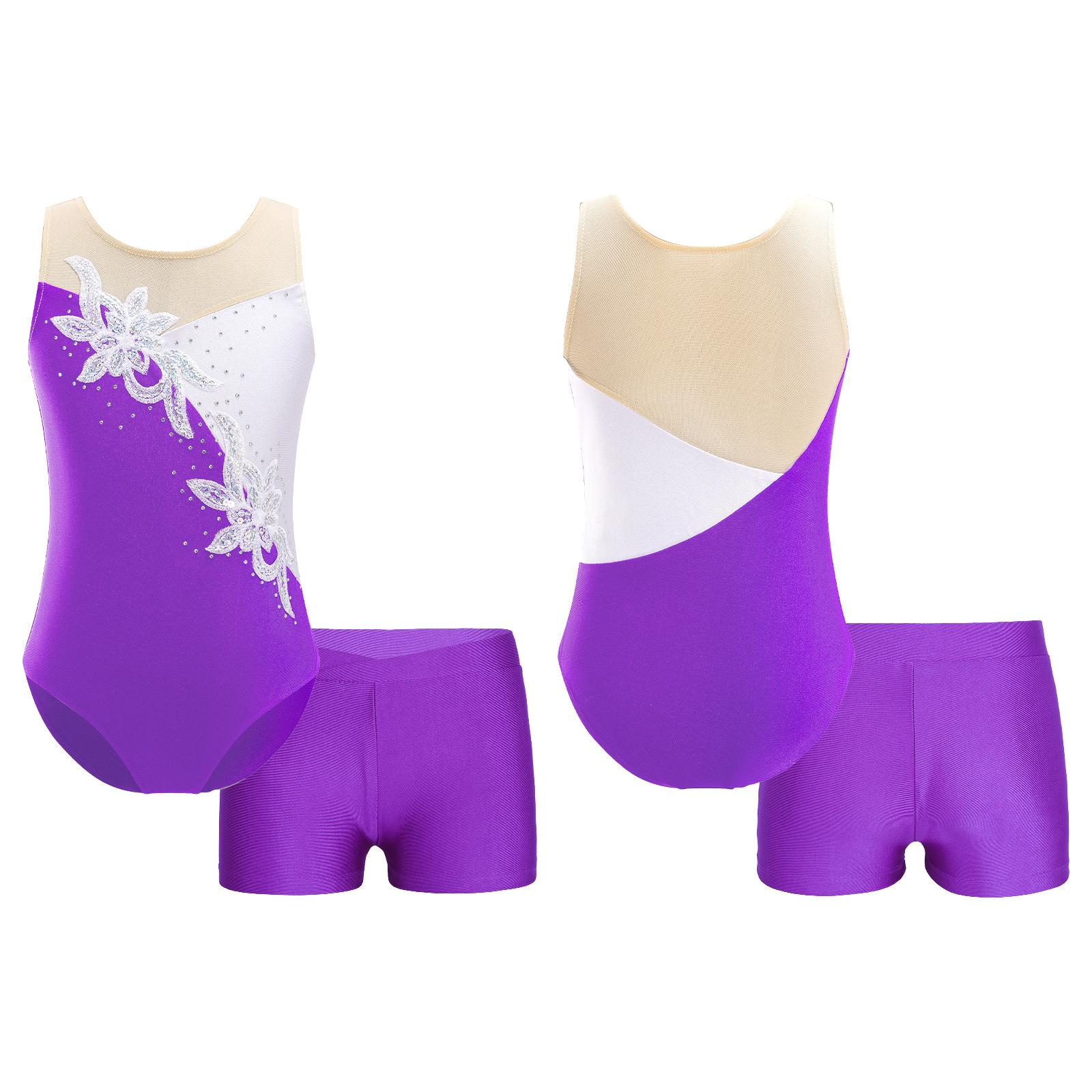 Fldy 2 stuks kinderen meisjes mouwloze patchwork stijl gymnastiek maillots ballet dans bodysuit unitards met shorts 3-4 Years paars