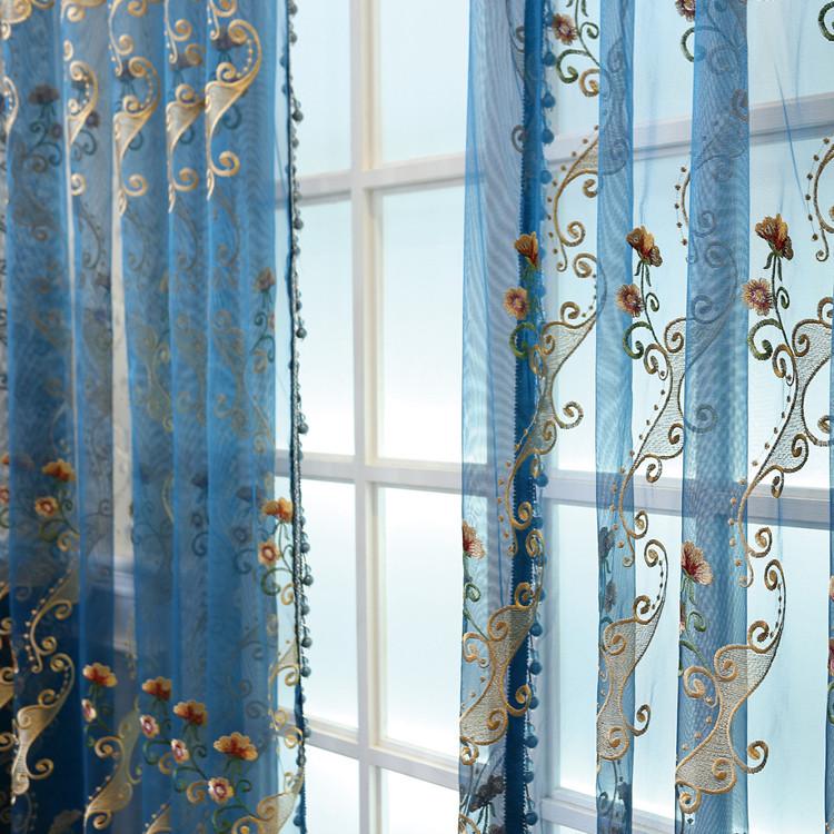 Blue Floral Embroidered European Style Gauze Window Curtain and Mosquito Net.