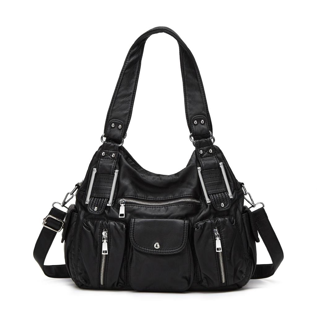 Ladies' Fashionable Retro Lychee Patterned Tote Bag, Large Capacity Washed Multi Pocket Shoulder Bag