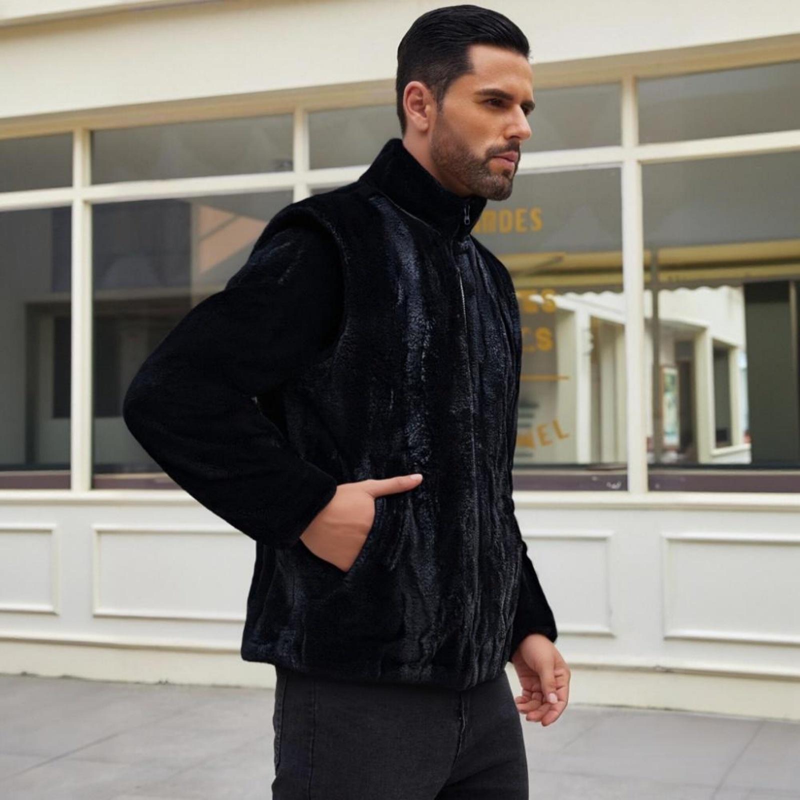 

Men s Casual And Fashionable Patterned Printed Plush Vest, Men s Stand-up Collar Fleece Sleeveless Zipper Jacket L