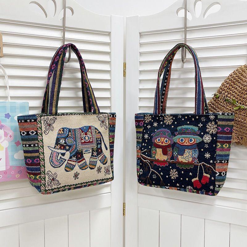 Ethnic Style Handbag Trendy Animal Embroidery Handbag Canvas Women Shoulder Bags Women Grocery Storage Pouch